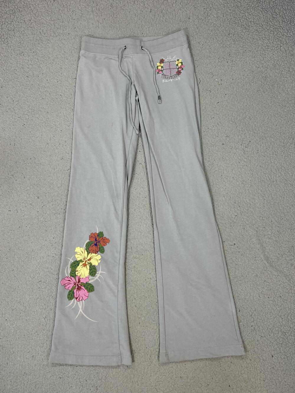 Y2K Low Rise Sweatpants Womens Small Gray Floral Hibiscus Bootcut Royalty Lounge